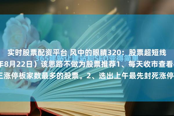 实时股票配资平台 风中的眼睛320：股票超短线操作几点思路（2025年8月22日）该思路不做为股票推荐1、每天收市查看概念板块前三涨停板家数最多的股票。2、选出上午最先封死涨停的股票，最好10点以前，强者恒强，市...